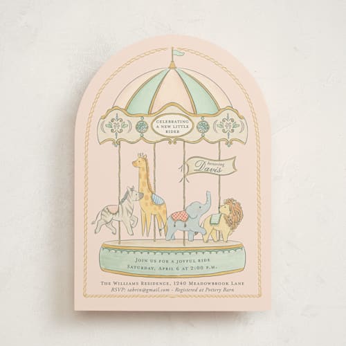 This is a petal baby shower invitations with standard by Sabrin Deirani called carousel of sweet beginnings printing on signature in standard