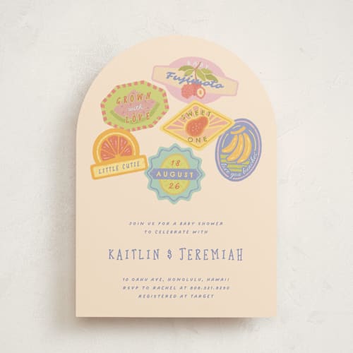 This is a acai berry baby shower invitations with standard by Natalie Rae called fruit stickers printing on signature in standard