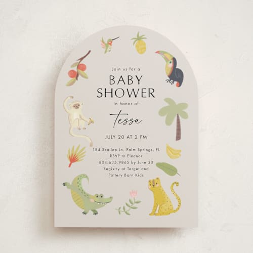 This is a mist baby shower invitations with standard by Kate Blalock called tropical animals printing on signature in standard