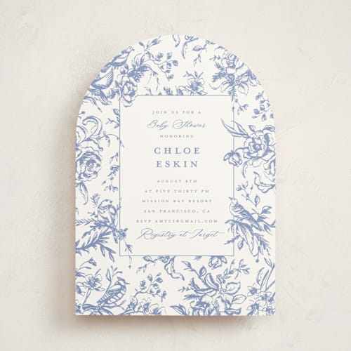 This is a blueberry baby shower invitations with standard by Teju Reval called dreamy toile printing on signature in standard