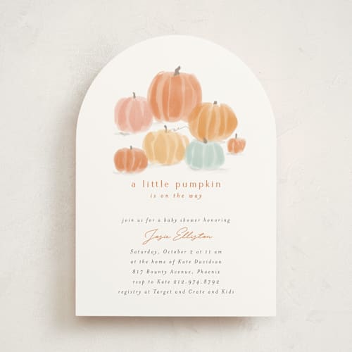 This is a pumpkin baby shower invitations with standard by Rebecca Durflinger called autumn pumpkins printing on signature in standard