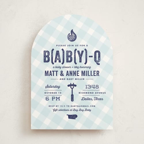 This is a sky blue baby shower invitations with standard by Lauren Chism called b(a)b(y)q printing on signature in standard