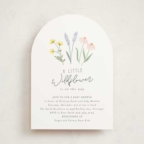 This is a pastel baby shower invitations with standard by Itsy Belle Studio called she's a wildflower printing on signature in standard