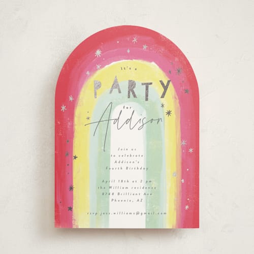 This is a fruit punch kids birthday invitations with foil pressed by Rebecca Durflinger called sparkling rainbow printing on signature in standard