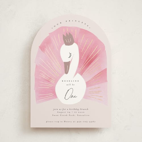 This is a candy kids birthday invitations with foil pressed by Kanika Mathur called our swan princess printing on signature in standard