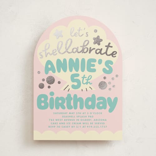 This is a candy kids birthday invitations with foil pressed by Baumbirdy called shelly printing on signature in standard