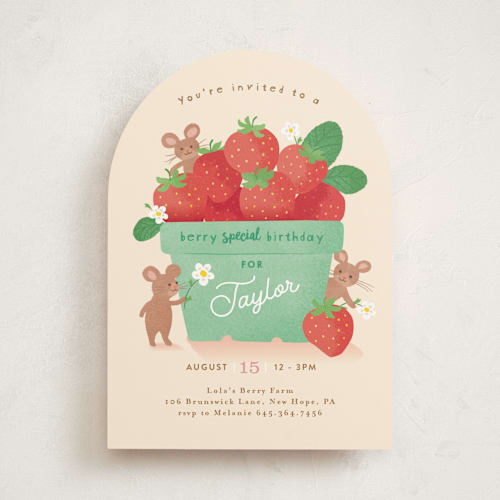 This is a vanilla kids birthday invitations with standard by Jennifer Wick called berry special printing on signature in standard