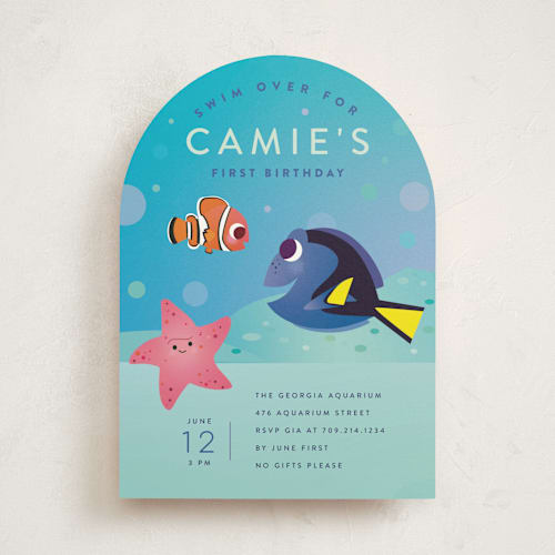This is a sea kids birthday invitations with standard by Lori Wemple called disney and pixar's nemo and dory printing on signature in standard