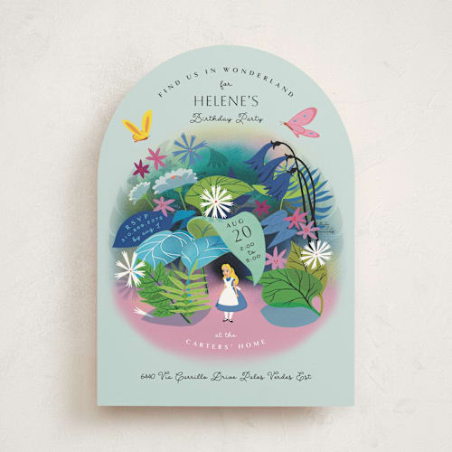 This is a aqua kids birthday invitations with standard by Becky Nimoy called disney's alice in wonderland in the flower garden printing on signature in standard