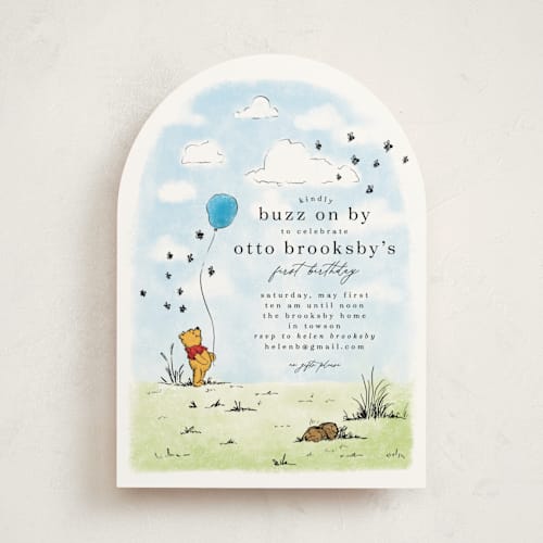This is a hundred acre wood kids birthday invitations with standard by Erin L. Wilson called disney's winnie the pooh many birthday adventures printing on signature in standard