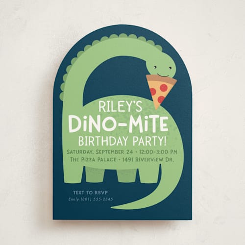 This is a leaf kids birthday invitations with standard by Kacey Kendrick Wagner called arched dinosaur printing on signature in standard