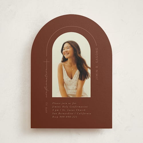 This is a scarlet confirmation invitations cards with standard by FRANI called confirmation arch printing on signature in standard
