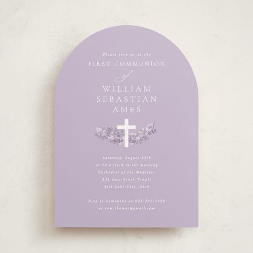 This is a lilac communion invitations announcements with standard by Robert and Stella called classic communion wreath printing on signature in standard