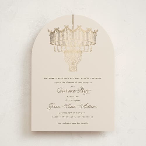 This is a sand debutante party invitations with foil pressed by Claudia Orengo called chandelier printing on signature in standard