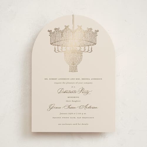 This is a sand debutante party invitations with foil pressed by Claudia Orengo called chandelier printing on signature in standard
