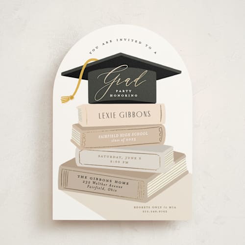 This is a ash graduation invitations with foil pressed by Susan Zinader called book stack printing on signature in standard
