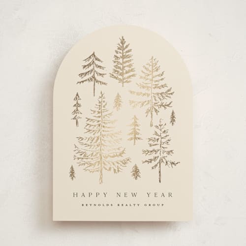 This is a cream business holiday cards with foil pressed by Amy Kross called spruce shine printing on signature in standard