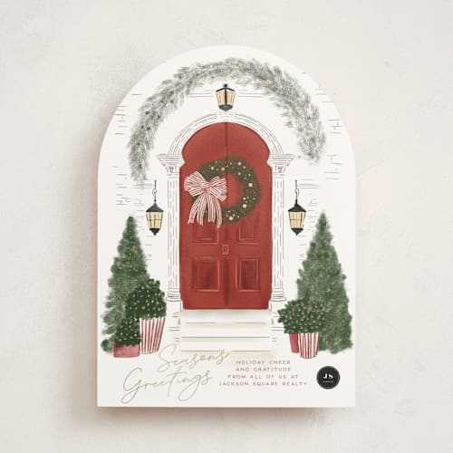 This is a holly berry business holiday cards with foil pressed by Jenna Holcomb called a door printing on signature in standard