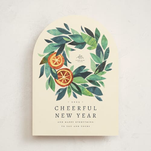 This is a crème business holiday cards with standard by Anastasia Makarova called paper orange wreath printing on signature in standard