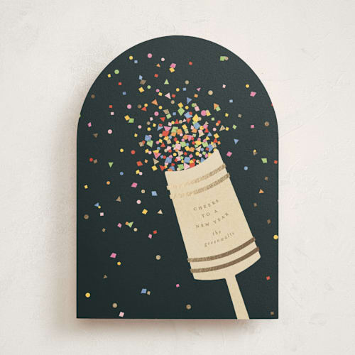 This is a midnight foil pressed holiday cards with foil pressed by Ellen Schlegelmilch called confetti popper printing on signature in standard