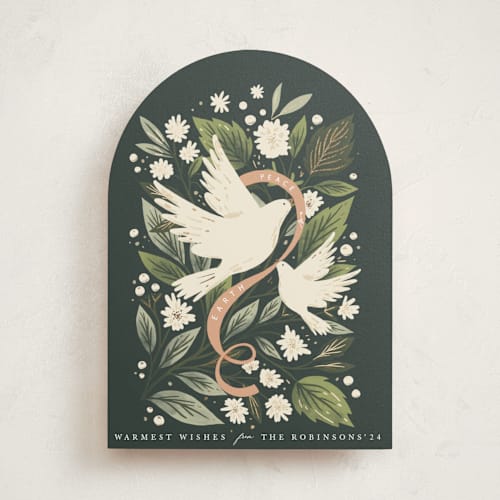 This is a pine foil pressed holiday cards with foil pressed by Hannah Williams called peace dove arch printing on signature in standard
