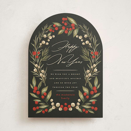 This is a garland non photo holiday cards with standard by Wildfield Paper Co called holly berry + pine printing on signature in standard