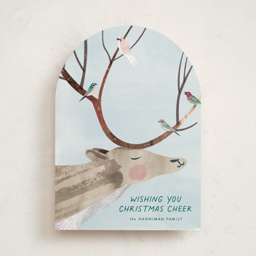 This is a frost fog non photo holiday cards with standard by Eve Schultz called reindeer cheer printing on signature in standard