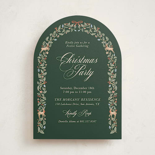 This is a pine holiday party invitations with standard by Elly called festive arch printing on signature in standard
