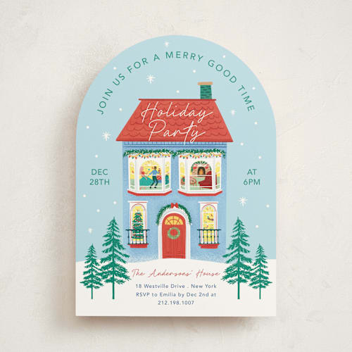 This is a sky holiday party invitations with standard by Elly called merry house printing on signature in standard