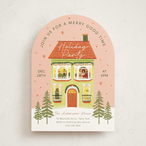 This is a peach holiday party invitations with standard by Elly called merry house printing on signature in standard