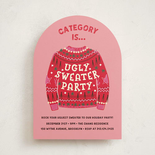 This is a fuchsia holiday party invitations with standard by Jennifer Lew called ugly sweater printing on signature in standard