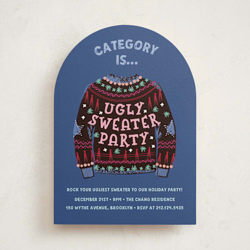 This is a cobalt holiday party invitations with standard by Jennifer Lew called ugly sweater printing on signature in standard