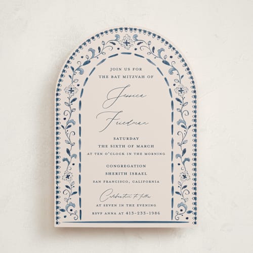This is a navy bar mitzvah bat mitzvah invitations with standard by Meagan Christensen called talavera printing on signature in standard