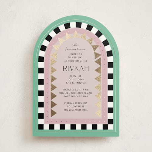 This is a aqua bar mitzvah bat mitzvah invitations with foil pressed by Becky Nimoy called hollywood deco printing on signature in standard