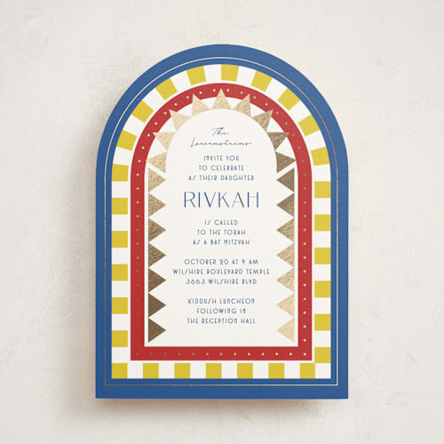 This is a cornflower bar mitzvah bat mitzvah invitations with foil pressed by Becky Nimoy called hollywood deco printing on signature in standard
