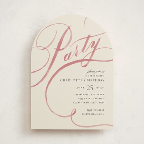 This is a mauve party invitations with standard by Shannon Chen of Four Wet Feet Studio called watercolor lettering printing on signature in standard