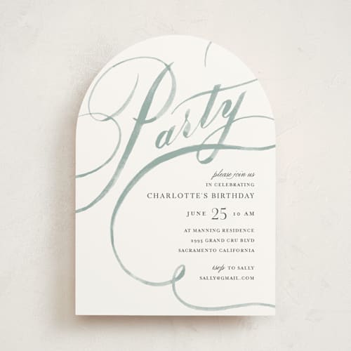This is a sage party invitations with standard by Shannon Chen of Four Wet Feet Studio called watercolor lettering printing on signature in standard