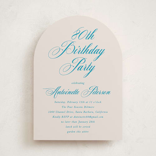 This is a antique sky party invitations with standard by Kamala Nahas called calligraphy printing on signature in standard