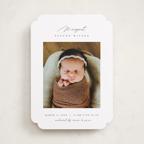 This is a pearl birth announcements with standard by Pixel and Hank called simply lovely printing on recycled smooth signature in standard