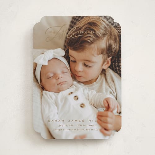 This is a sand birth announcements with standard by Creo Study called sibling intro printing on smooth signature in standard