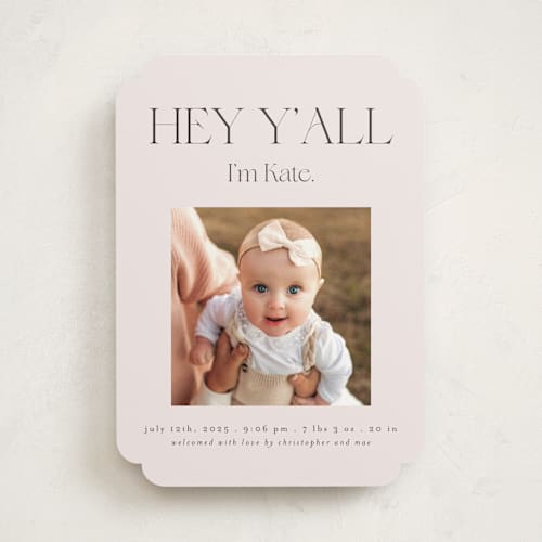 This is a sand birth announcements with standard by Morgan Kendall called southern babe printing on recycled smooth signature in standard
