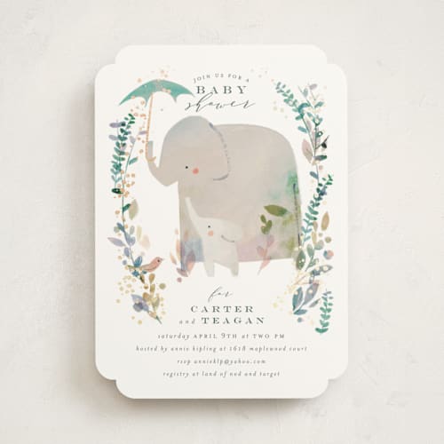 This is a forest foil stamped baby shower invitations with foil pressed by Lori Wemple called elephant shower printing on signature in standard