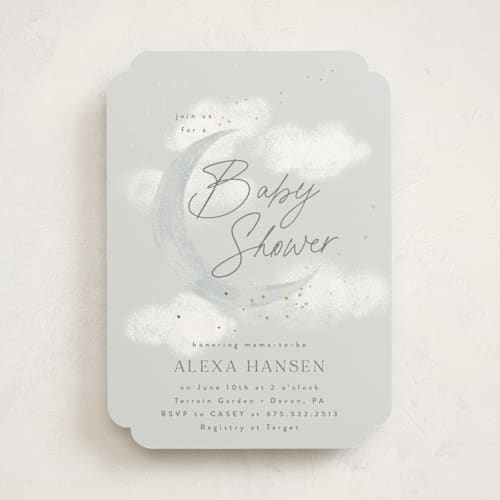 This is a cloud foil stamped baby shower invitations with foil pressed by Everett Paper Goods called moondust printing on signature in standard