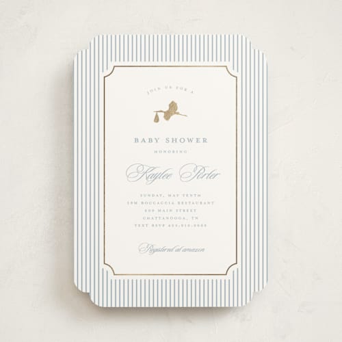 This is a dusty blue foil stamped baby shower invitations with foil pressed by Stacey Meacham called storybook stork printing on signature in standard