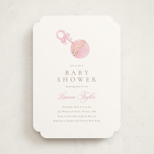 This is a watermelon foil stamped baby shower invitations with foil pressed by Creo Study called un hochet printing on signature in standard