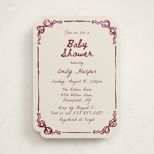 This is a rosewood baby shower invitations with standard by Cass Loh called bow corners printing on signature in standard