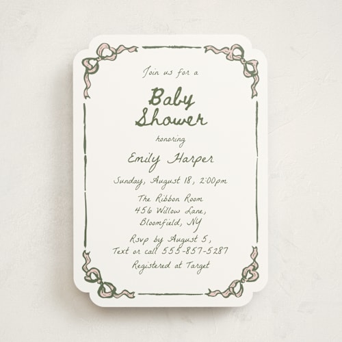 This is a moss baby shower invitations with standard by Cass Loh called bow corners printing on signature in standard