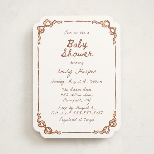 This is a cinnamon baby shower invitations with standard by Cass Loh called bow corners printing on signature in standard