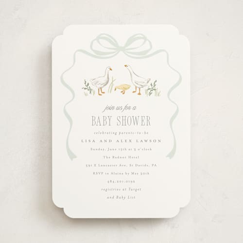 This is a mint baby shower invitations with standard by Everett Paper Goods called storybook geese printing on signature in standard