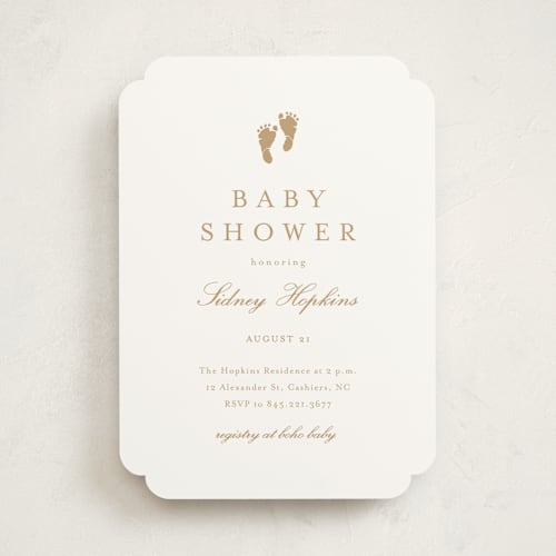 This is a golden baby shower invitations with standard by Stacey Meacham called footprint printing on signature in standard
